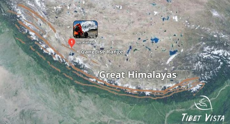 Kailash Himalaya liegt nördlich des Großen Himalayas auf der Karte