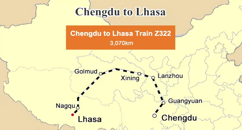 Bahnstrecke von Chengdu nach Lhasa für eine Reise mit dem Tibet-Zug