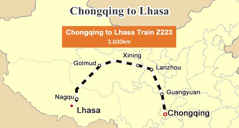 Bahnstrecke von Chongqing nach Lhasa für eine Zugreise nach Tibet