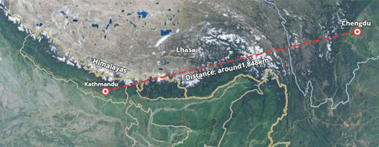 Luftlinie von Chengdu nach Kathmandu auf der Karte