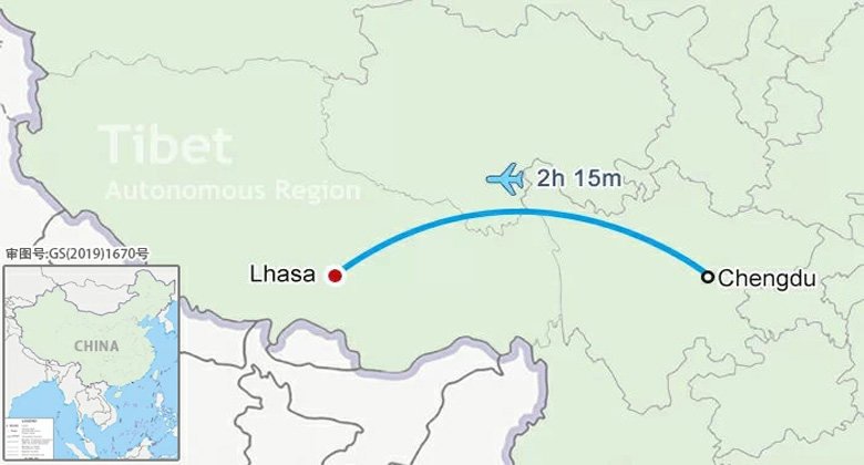 Flugroutenkarte von Chengdu nach Lhasa