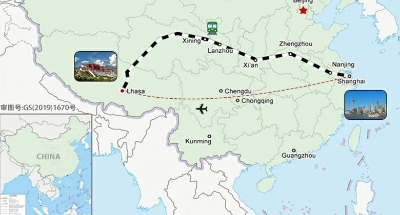 Wie reist man von Shanghai nach Tibet per Flugzeug und Zug auf der Karte