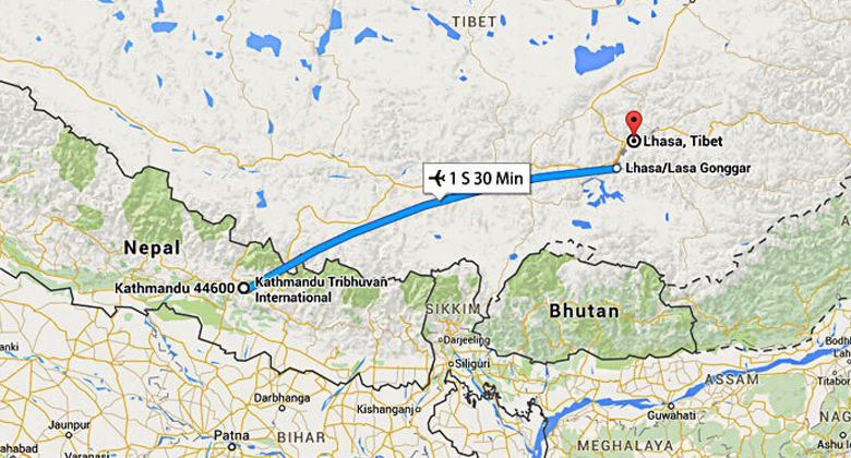 Die Karte der Flugfahrt von Lhasa nach Kathmandu
