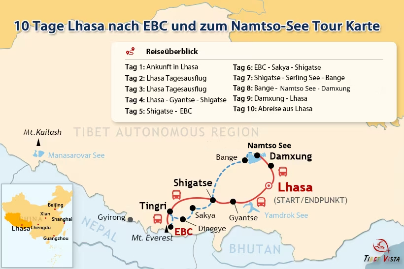 10-tägige Kleingruppenreise Lhasa zum Everest Base Camp und Namtso See Reise Karte