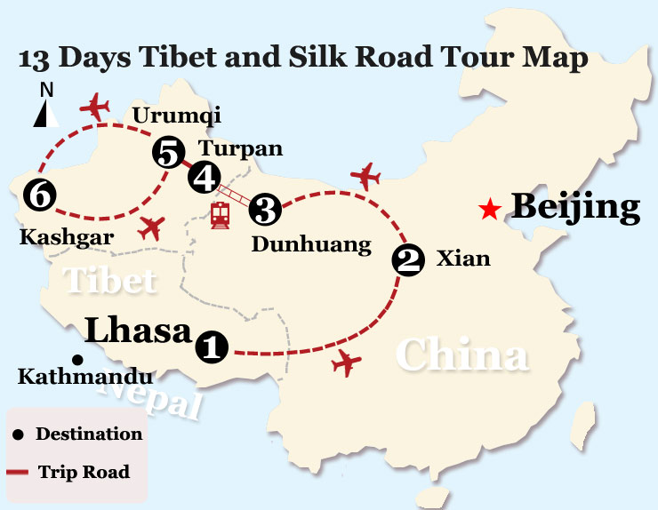 13 Days Tibet and Silk Road Tour Map