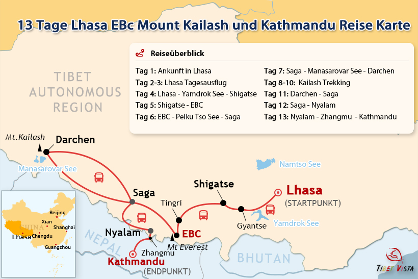 13-tägige Abenteuerreise von Lhasa via Mt. Everest & Kailash & Manasarovar nach Kathmandu