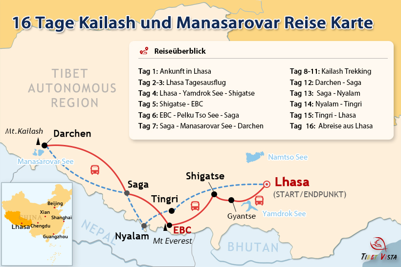 16 Tage Kailash und Manasarovar Reise Karte