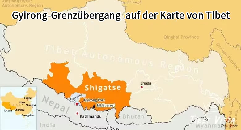 Die Lage des Gyirong-Grenzübergangs an der chinesisch-nepalesischen Grenze auf der Karte