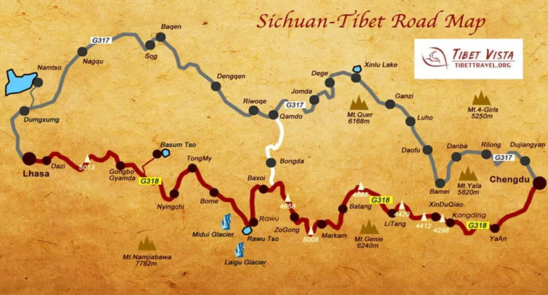Sichuan&ndash;Tibet-&Uuml;berlandroute &uuml;ber die G318 nach Osttibet