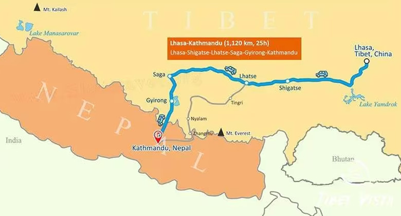 Landkarte von Lhasa nach Kathmandu (über Land)