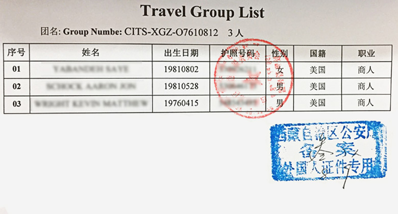 Tibet Permit mit den Infomationen der Mitglieder