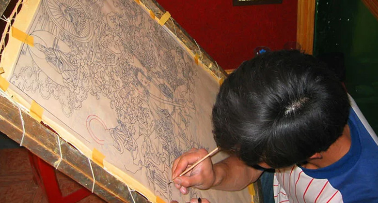 Thangka-Malerei im Thangka-Workshop