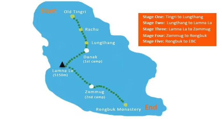 Trekkingkarte der Route von Tingri &uuml;ber Rongbuk zum Everest-Basislager (EBC)